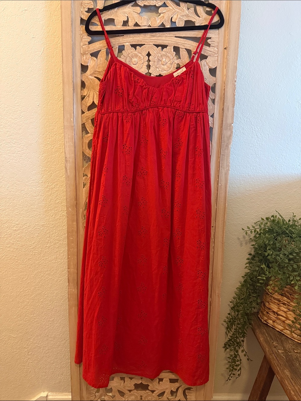 SIM & SAM Red Eyelet Embroidered Maxi Dress Size M Boho Sundress